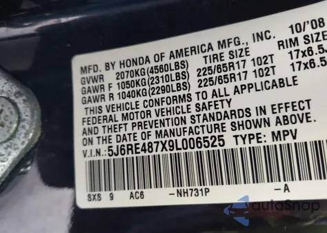 2009 Honda Cr-V Ex-L z USA, uszkodzony, nr VIN 5J6RE487X9L006525